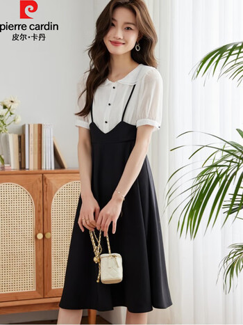 皮尔卡丹pierrecardin拼接假两件新款连衣裙子夏天女装衣服2023年夏季