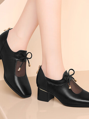 卓诗尼羊皮粗跟单鞋女新款春秋晚风温柔高跟皮鞋方头女鞋 黑色跟高4.