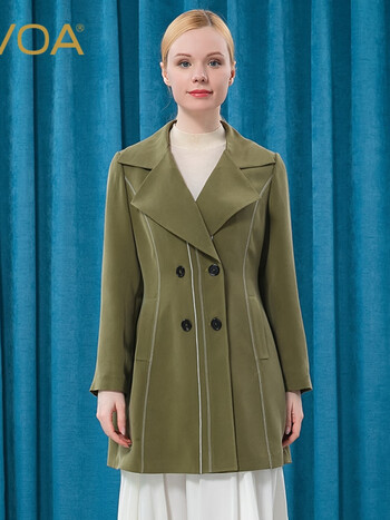 voa30姆米重磅真丝翻领亮线装饰双排扣插袋长袖商务风衣 fe88 芥末绿
