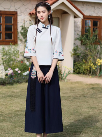 绘自然民国风女装立领盘扣旗袍汉服女中国风年轻款改良采耳茶艺服两件