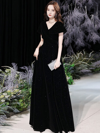 lachapellehomme拉夏贝尔黑色晚礼服裙女感宴会主持人长款大学生艺考