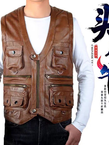 幼恩熊皮马甲男v领头层牛皮马夹时尚坎肩户外保暖春秋多口袋摄影 黄棕