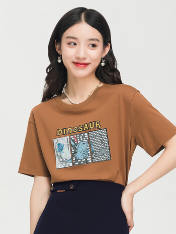lagogo拉谷谷2022夏季新款圆领咖啡色可爱学院风直筒型t恤上衣女latt