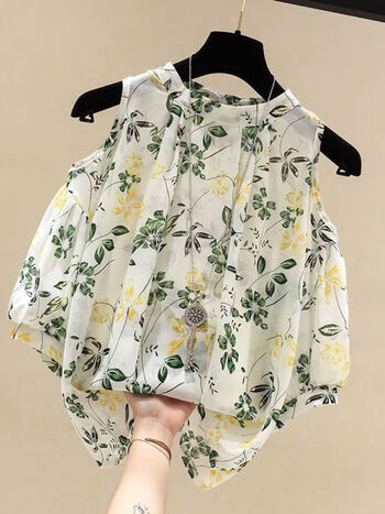 禾甫女学生设计感雪纺衬衫韩版雪纺衫装夏季短袖碎花露肩上白色2xl140