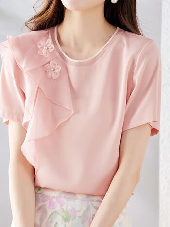 品莠30岁女士上衣女装时尚新款夏天衣服短袖气质百搭圆领洋气小衫粉红