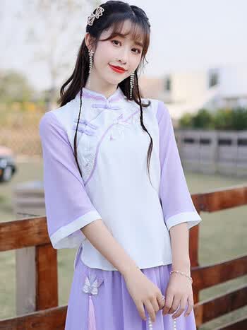 恒源祥hyx中国风改良旗袍上衣民国风复古盘扣唐装少女学生装仙气茶艺