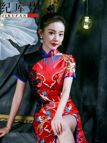 纪库梵2023春季新款旗袍改良开叉舞台演出礼服短袖刺绣中国风修身显瘦