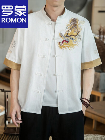 罗蒙(romon)夏中国风男装唐装汉服中山装龙刺绣国潮复古风中式短袖