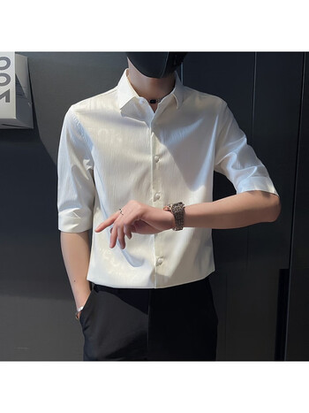 leexxwassup七分袖衬衫男夏季薄款潮流时尚印花中袖白衬衣感修身短袖