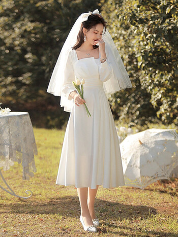 茗瑾萱领证小白裙秋冬礼服个子订婚长袖白裙子登记法式缎面轻婚纱