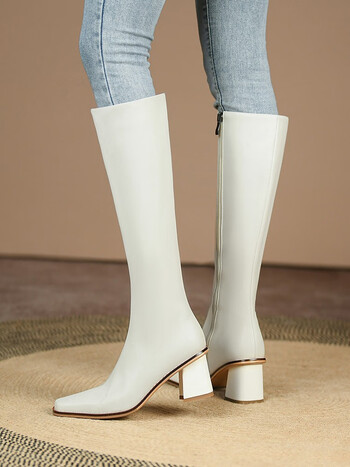 筒靴子女士秋冬季及膝保暖加棉皮靴gfoe冬天百搭高跟骑士靴 单里白色