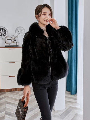 女式拼貂狐狸毛领韩版休闲宽松上衣秋冬新款貂皮大衣洋气加厚裘皮大衣