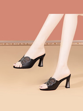 shihokoo真皮拖鞋女中跟夏外穿高跟半拖鞋女凉拖水钻网纱一字皮拖黑色