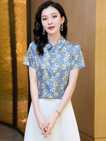 法媞曼丝fedimas真丝衬衫女短袖夏季女士优雅气质印花桑蚕丝上衣休闲