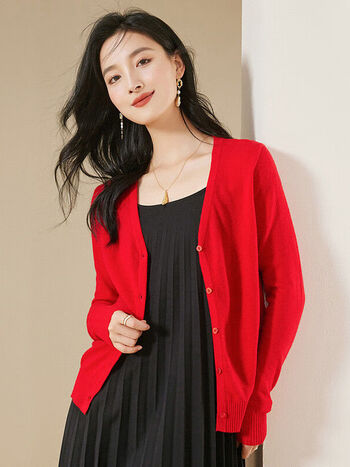 新款赛兔羊毛开衫女新款经典简约百搭休闲领毛衣针织开衫外套女红色m