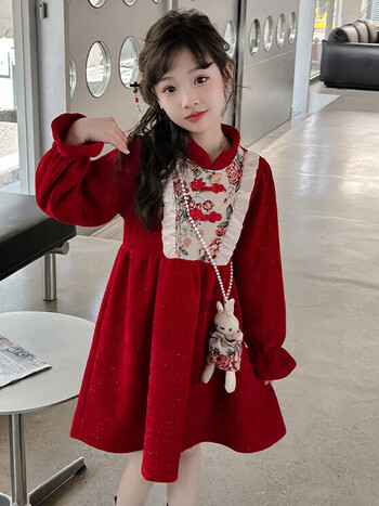 蒂淑兰拜年服女童红色连衣裙冬季加绒过年喜庆生日裙子大童女孩新款