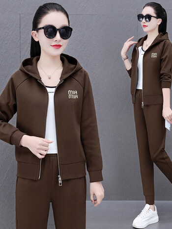 优衣裤官方旗舰店春秋时尚长袖三件套休闲显瘦洋气女装套装咖色xl