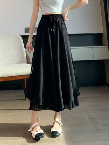 秋伊梵夏季黑色雪纺阔腿裙裤女大码胖mm松紧腰遮肚显瘦百搭垂感休闲裤