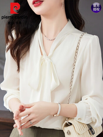 皮尔卡丹真丝上衣女100桑蚕丝女士高档秋款23年新款杭州重磅白色真丝