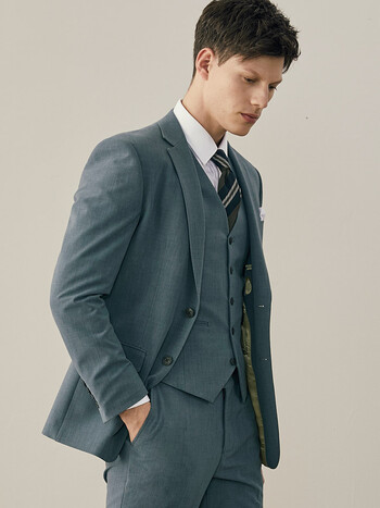 新郎结婚礼服正装2023新款商务休闲西装男士 灰蓝色(上衣 马甲 裤子)