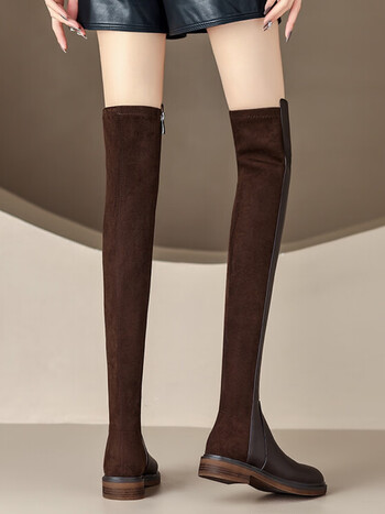 修腿时尚麂皮绒拼接超长长筒靴女齐腿弹力靴时尚平底过膝靴棕色单里34