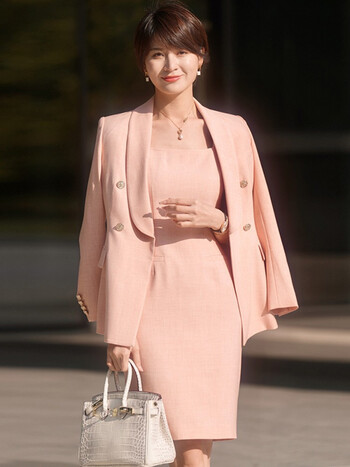 款西装外套女春秋款设计感气质女神范职业西服连衣裙套装 橘粉色套装