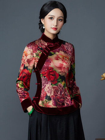 旗袍上衣冬季长袖上衣改良时尚修身淑女夹唐装上衣女旗袍女中国风夹棉