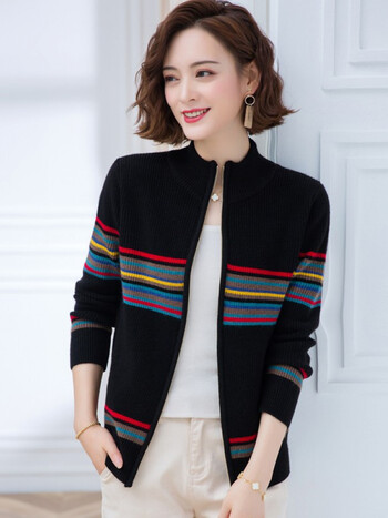 筱娅彩虹条纹毛衣外套女开衫宽松短款女士春秋装2022新款时尚针织外搭
