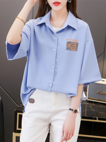 衬衫女时尚百搭短袖上衣女减龄小清新衬衣宽松休闲学生polo衫女蓝色m