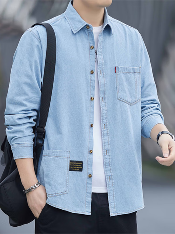 prato lee男士纯棉牛仔衬衫男长袖宽松休闲男装全棉牛仔衬衣男长袖