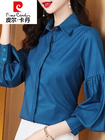 皮尔卡丹品牌高档女装条纹雪纺衬衫女士早春秋2022年新款洋气时尚上衣
