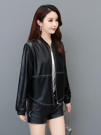 大牌女装2021年秋季新款真皮皮衣女短款小个子休闲宽松圆克外套黑色m