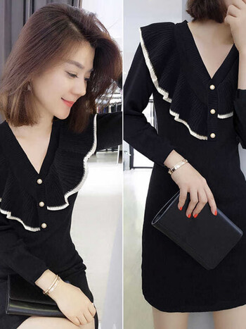 连衣裙女修身春秋季新款时尚黑色小香风裙子名媛气质显瘦黑色s