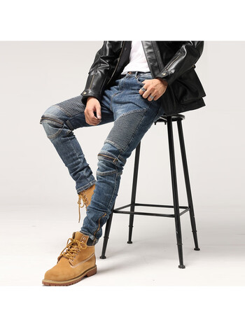 洛琦贝欧美高街潮牌牛仔裤男拼接膝盖拉链骑行裤修身显瘦小脚裤潮机车