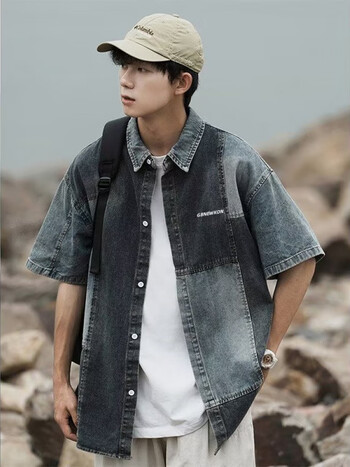 凯普蒂夏季牛仔短袖衬衫中性设计感小众复古bf港风oversize衬衣蓝色m