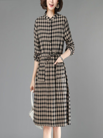 古跃鸿中年棉麻长裙春秋款加厚格子连衣裙2023春秋新款中长款小个子大