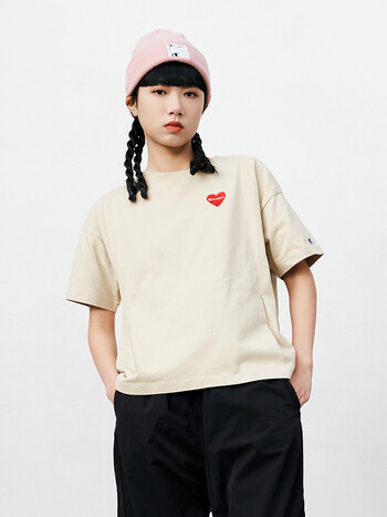 冠军2022年春夏新品全棉爱心刺绣草写logo圆领短袖t恤浅卡其色m