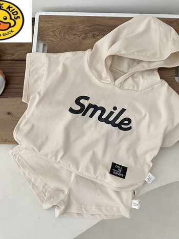 gduckkids夏季韩版婴儿衣服男童纯棉短袖宝宝可爱卫衣两件套装薄款