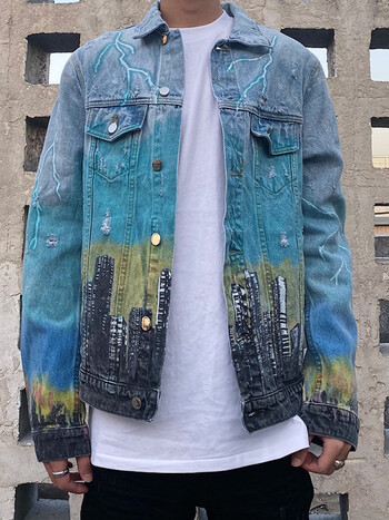 amiri牛仔外套男三头龙基多拉恐龙水洗破洞扎染牛仔开衫夹克男秋冬季