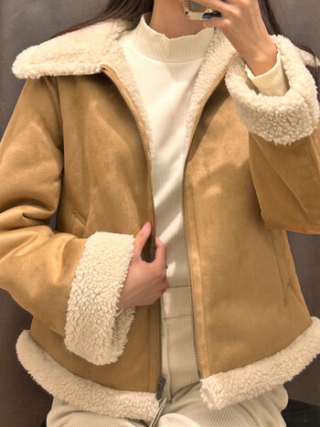 优衣库美式复古u秋冬季女装仿羊羔绒茄克休闲翻克短款外套460902深