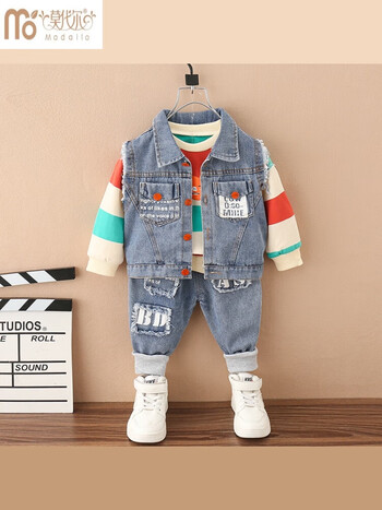 莫代尔男童牛仔套装春装帅气潮牌宝宝春秋季婴儿童洋气衣服马甲三件套