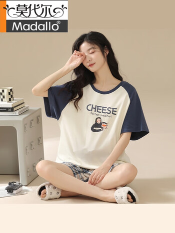 莫代尔睡衣女夏季纯棉短袖短裤可爱休闲格子两件套装女生家居服夏款