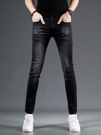 名士鲨mingshisha黑色牛仔裤男修身小脚弹力2023夏季薄款高档男士时尚