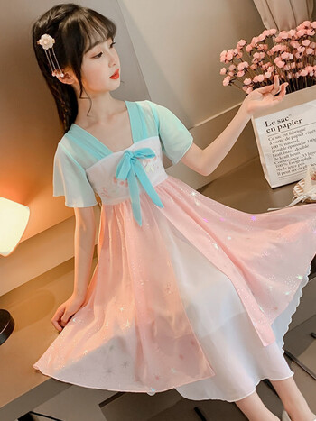 kitty 凯蒂猫女童汉服连衣裙适合3-15岁小女孩子夏天穿的古装裙子中国