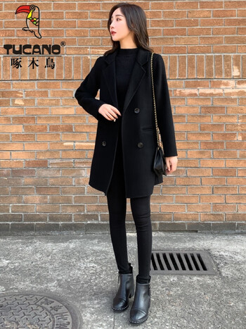 啄木鸟黑色双排扣毛呢大衣女中长款2023年春季新款修身小个子毛呢外套