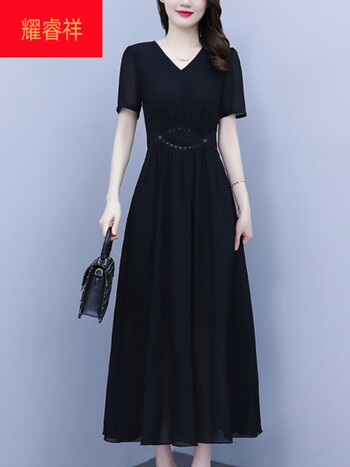 品牌前十名2024年最新款雪纺短袖连衣裙女夏气质减龄收腰显瘦748黑色m