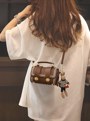 viney牛皮包包女斜挎包百搭ins2024新款小众手提包时尚单肩包女包棕色