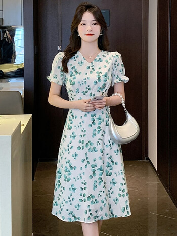 摩舍夏装新款雪纺印花中长裙子女装绿色碎花订钻气质连衣裙夏图片色s