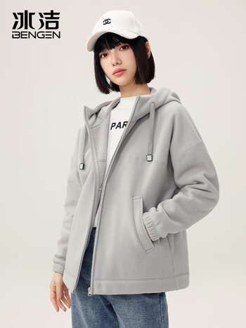 外套女拼接连帽摇粒绒2024春秋新款撞色柔软抓绒休闲保暖居家上衣浅