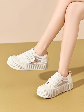 卓诗尼2024年夏季新款魔术贴小白鞋女增高时尚百搭松糕休闲女鞋米白色